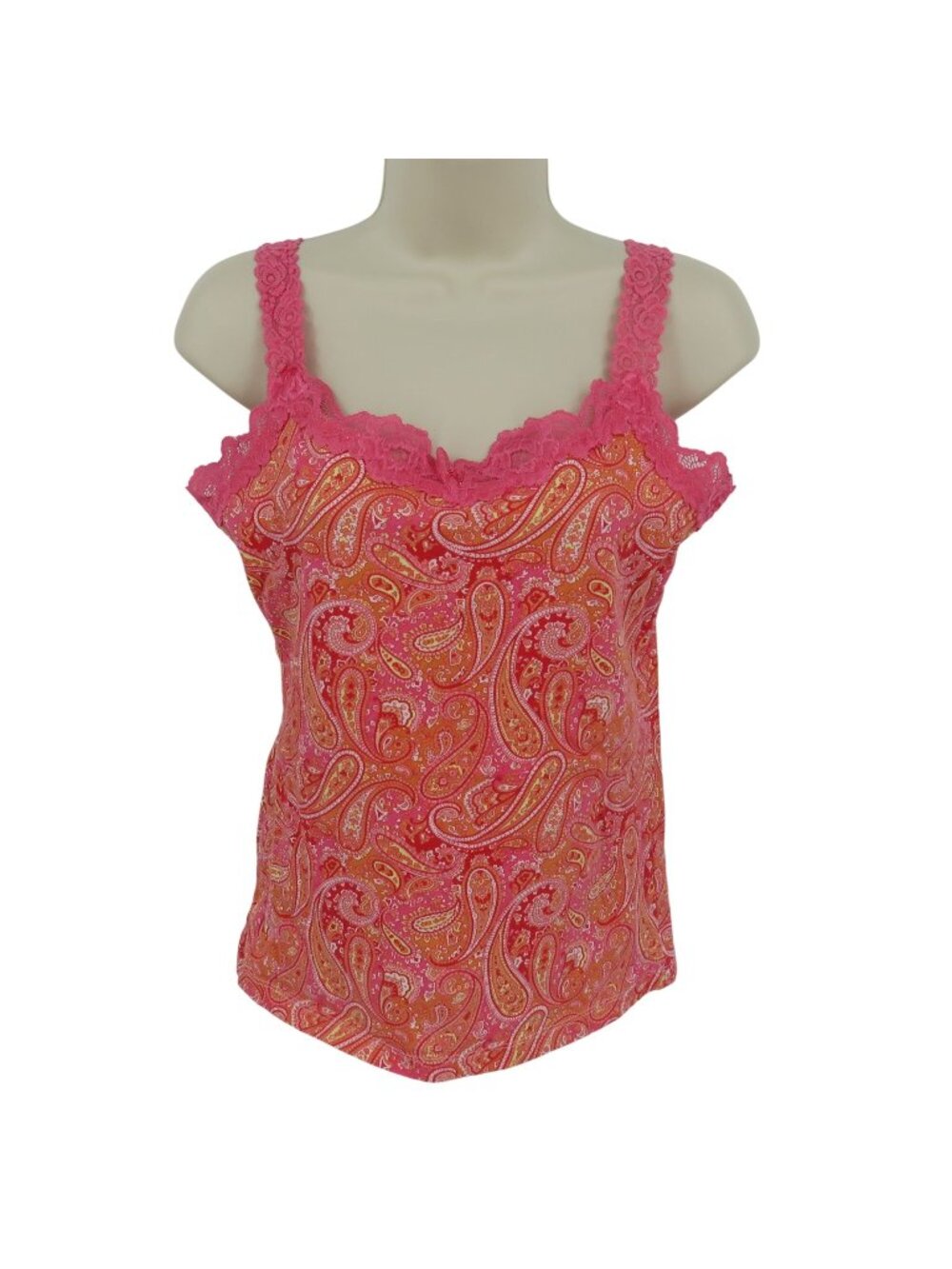Liz Claiborne Women Medium Pink Yellow Orange Paisley Scroll Lace Trim Cami Tank
